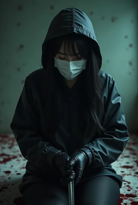 korean girl, (behind corpse, surgical mask), holding knife, stabbing, black gloves, room full of blood, black raincoat, plump, hood up, holding knife, black gloves, behind corpse, blood splatter, bondage, long bangs, bed room, black wet suit, night, mass m...