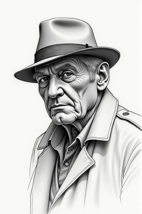 Create a pencil sketch-style portrait of an elderly man in his early 70s. He is wearing a classic 1950s trench coat with the collar slightly turned up, giving him a guarded appearance. The man is balding, with only a few strands of hair remaining under a w...