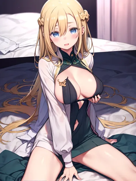 One Woman、Blonde Hair、long hair、Hair between the eyes、Braid、Blue Eyes、Big Breasts、smile、blush、Turtleneck sweater、Long Length、Long sleeve、Green clothes、Cape、Sleepy eyes、A seductive appearance、In heat、Sidelong glance、Vulgarity、((Massage the chest with one ha...