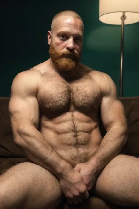 Palloroid image, absent-minded old man, shave off the thirst, seductive, proud, developer, hot and horny uncle, Skinhead, bearded, redhead, beautiful, muscular, alien, looking away, ((natural, realist)), furry, eyes, sound, shirtless:1.4, Sitting on a sofa...