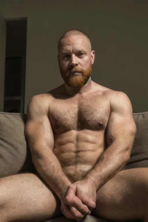 Palloroid image, absent-minded old man, shave off the thirst, seductive, proud, developer, hot and horny uncle, Skinhead, bearded, redhead, beautiful, muscular, alien, looking away, ((natural, realist)), furry, eyes, sound, shirtless:1.4, Sitting on a sofa...