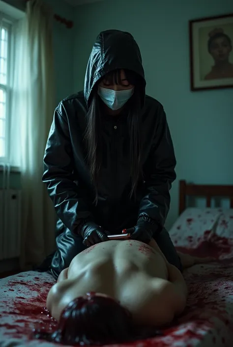 korean girl, (behind naked corpse, surgical mask), holding knife, stabbing, black gloves, room full of blood, black raincoat, plump, hood up, holding knife, black gloves, behind corpse, blood splatter, bondage, long bangs, bed room, black wet suit, night, ...