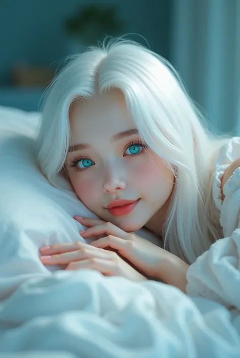 Fair-skinned woman with long straight white hair with turquoise blue eyes WAKING UP OPENING one of her eyes WHILE SMILING leaning on the pillow on her side MYSTIC MESSENGER STYLE 