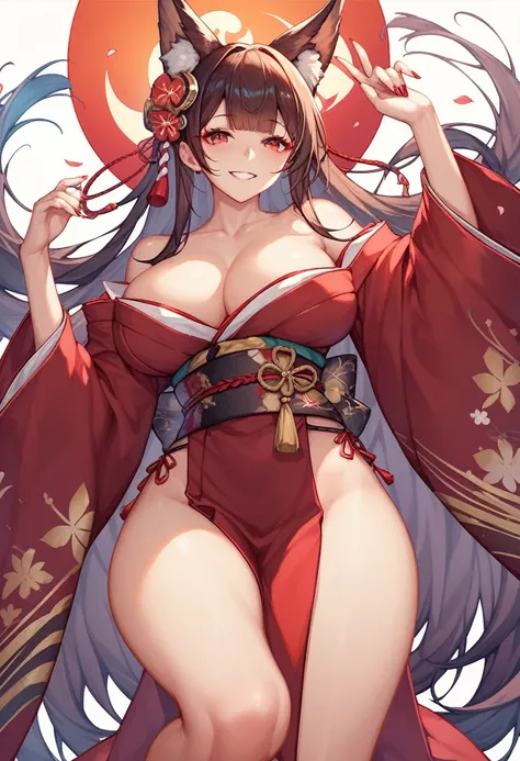 1 girl, IGN Akagi, Azur Lane, large breasts, brown kitsune, red eyes, yandere smile, red kimono