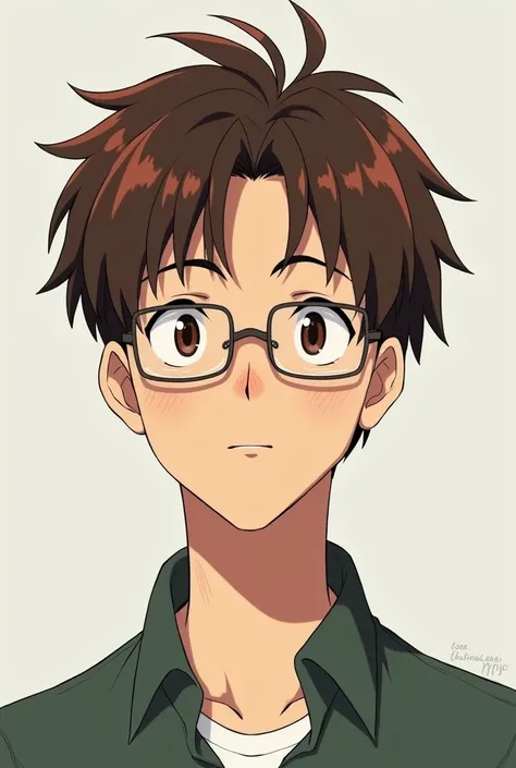 Anime character man short brown red hair , with freckles, small rectangular lenses, combed forward, not so thin 20 years old thin lips 