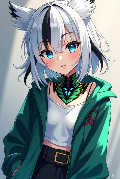 An anime character that has white hair with black roots, a version with green, black and yellow colors around the neck, a Ume mi ya style windbreaker suit with blue eyes, medium-long hair with black pants and a white t-shirt that has the personality of Yuk...