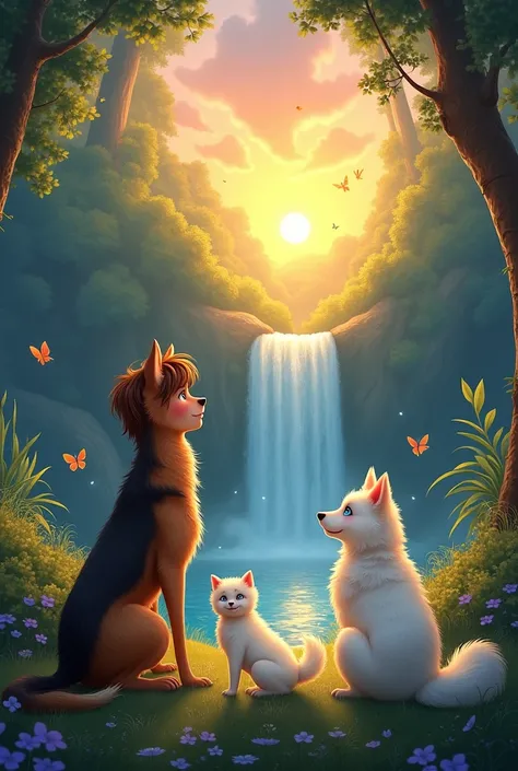   A boy with brown hair blue eyes with 2 dogs one is German shepherd and white shemoyed with sparkling blue eyes watching sun set in deep forest flayful in forest in waterfall and both butterflies 