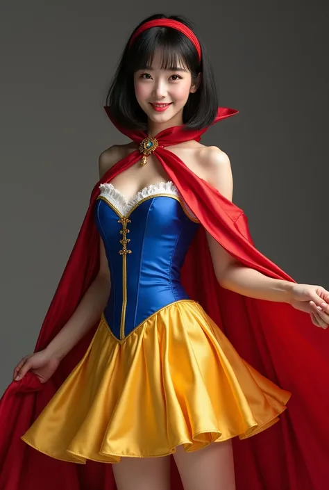 t, Beautiful Chinese 18 year old female , wearing snow white cosplay, blue silk corset, red silk cape, yellow silk pleated skater skirt, silk leggings, black bob hair, red hairband, masterpiece, photorealistic, amazingly detailed face, maximum resolution, ...