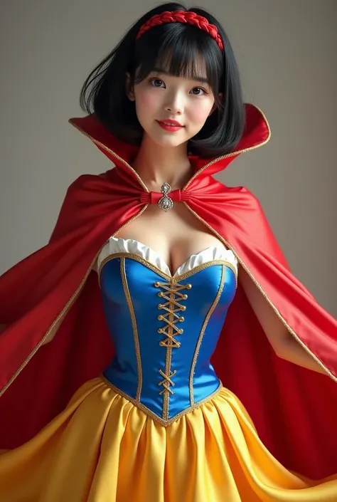 , Beautiful Chinese 18 year old female , wearing snow white cosplay, blue silk corset, red silk cape, yellow silk pleated skater skirt, silk leggings, black bob hair, red hairband, masterpiece, photorealistic, amazingly detailed face, maximum resolution,  ...