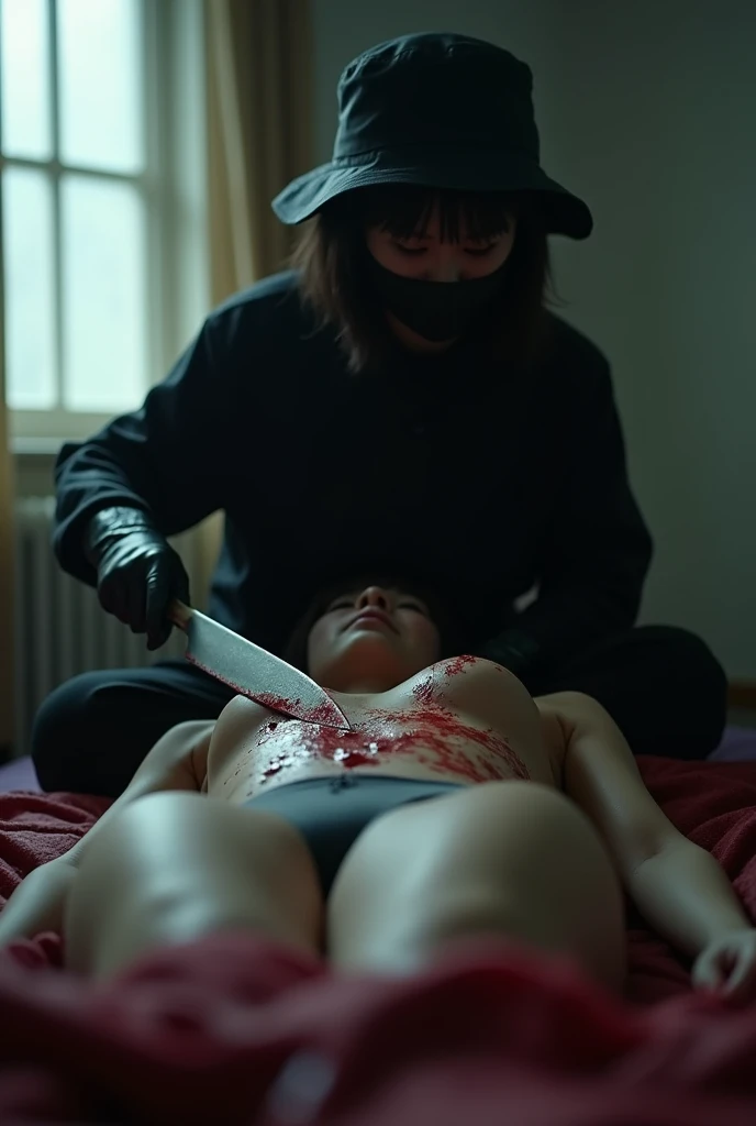 korean girl, (behind naked corpse, holding knife), black surgical mask, black gloves, room full of blood, black raincoat, bucket hat, holding knife, black gloves, woman on top, behind corpse, blood splatter, on the bed, mass murderer, killer, short hair, b...