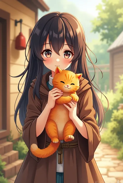 Create a character picture of elaina from the anime majo no tabi tabi holding an orange cat 