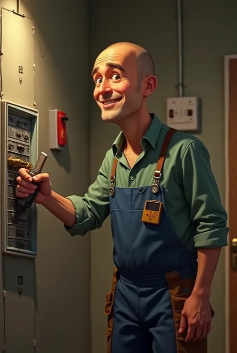 Pixar style, electrician, 1900s, with a shaved head, near the switchboard, в униформе electricianа, power tools, in an apartment undergoing renovation, expressive eyes, Nice smile, for 40 years