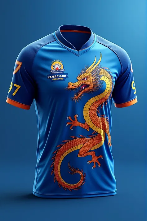 Cricket jersey ,blue colour ,on front of it dragon stye ,on back "Mapalagama Super Dragons" "97" "Dulneth"