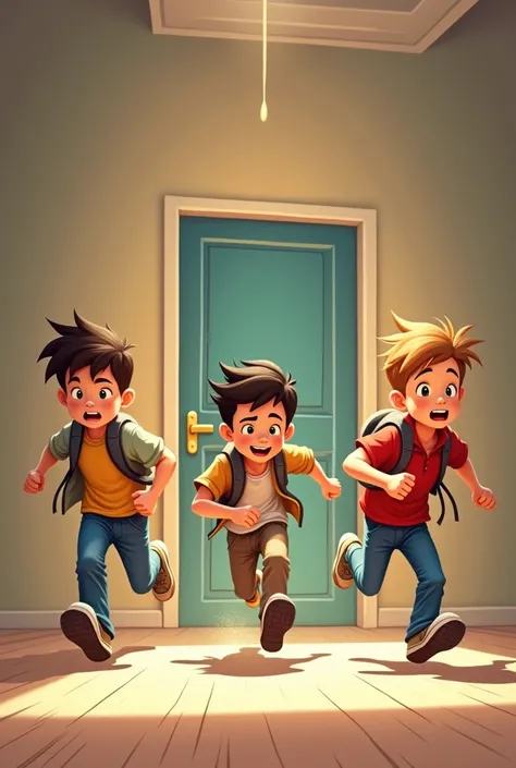 Three boys were running towards the door but the door is closed 