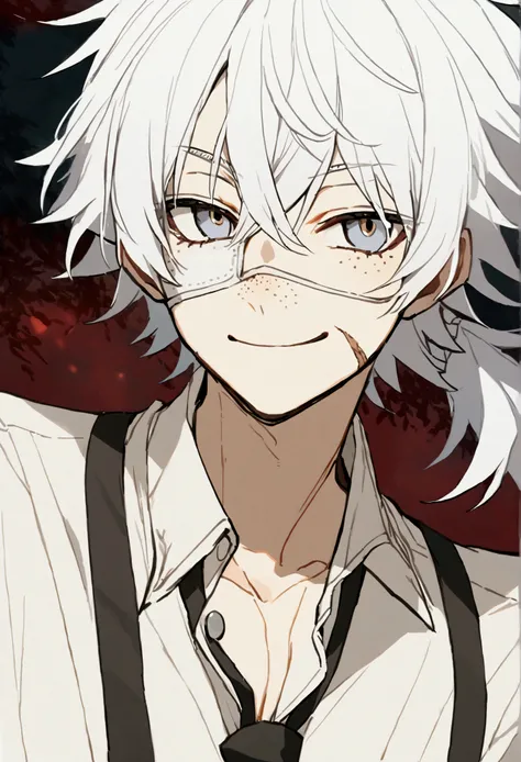 1boy，blue eyes，White hair，White eye patch，Collared shirt,  black tie,  black suspenders,  short messy hair,  long ponytail，Simple background，solo，cheery smile,  freckles on cheek,  freckles on nose,  scar on cheek,  small scar on jawline,  small scar on ey...