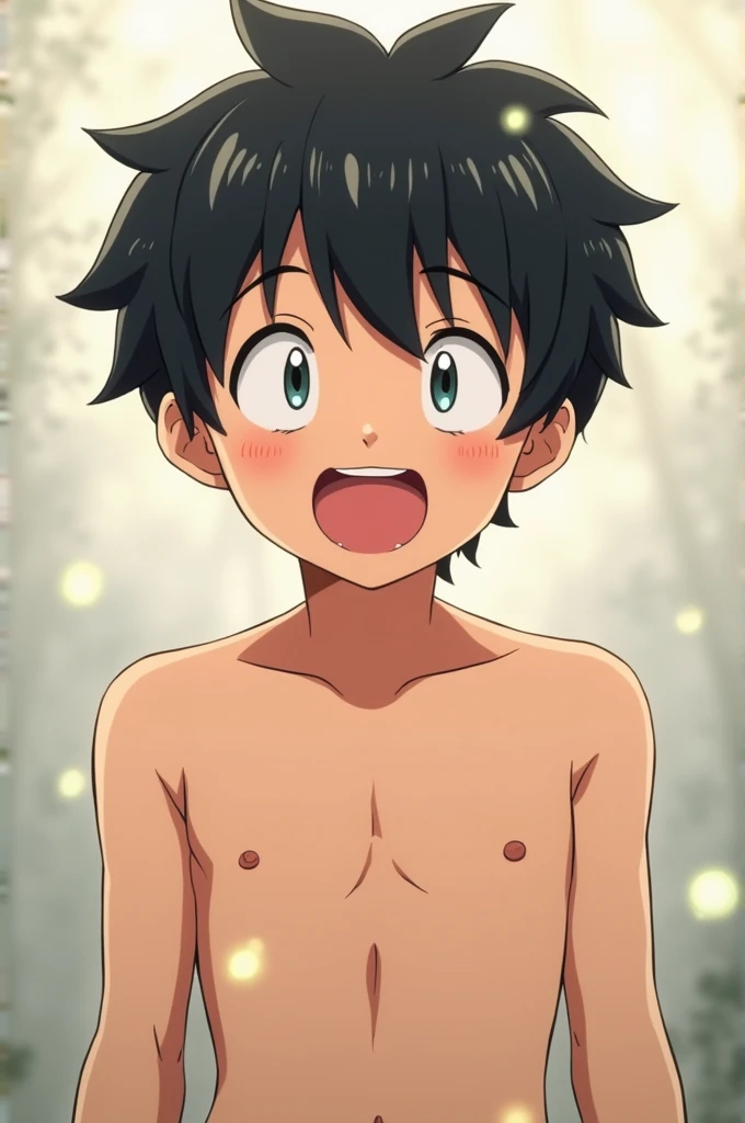 A young naked anime boy showing his anus and with an excited face 