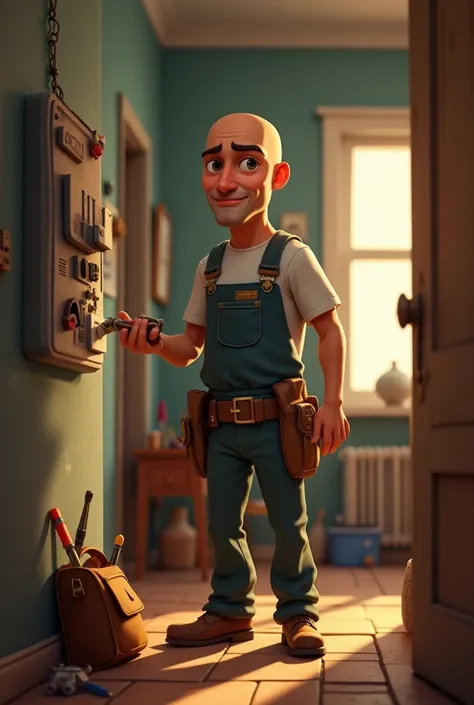 Pixar and Disney style, electrician, 1900s, with a shaved head and face, near the switchboard, в униформе electricianа, electric screwdriver and nippers, in the apartment where renovations are taking place, full height, Nearby is a work bag with power tool...