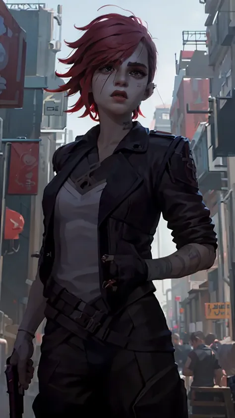 we de arcane,, uma mulher com red hair, cyberpunk женщина аниме женщина, trousers, красивая злая богиня cyberpunkа, art style cy...