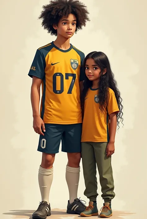 A Boy with curly hair, 7 feet tall and fair skin (a footballer with no.07 jersey) with his sister who is 56 feel tall, long wavy hair and light brown skin (a Indian soldier with long pants) 