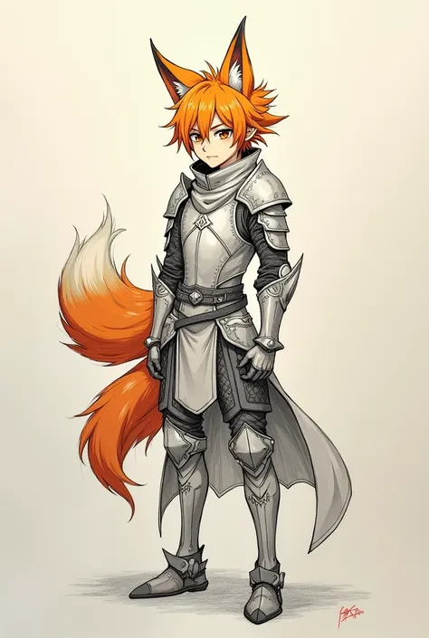 Generate a simple handrawn with no colors but shading paper drawing of a orange haired demihuman male fox knight(Anime style)
