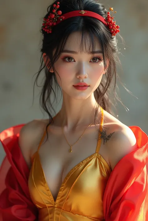 , Beautiful Chinese 18 year old female , wearing snow white cosplay, blue silk corset, red silk cape, yellow silk pleated skater skirt, silk leggings, black bob hair, red hairband, masterpiece, photorealistic, amazingly detailed face, maximum resolution,  ...