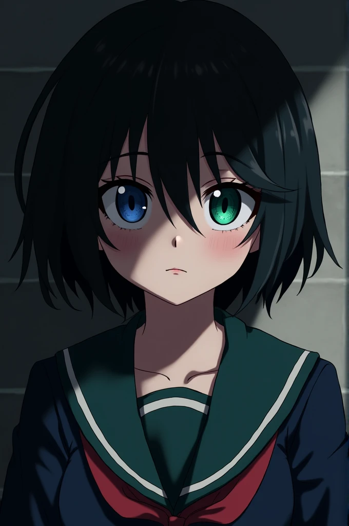 My Hero Academia girl, with short black hair, with one eye blue and the other green, with the My Hero Academy uniform, a serious expression, with shadows around it 