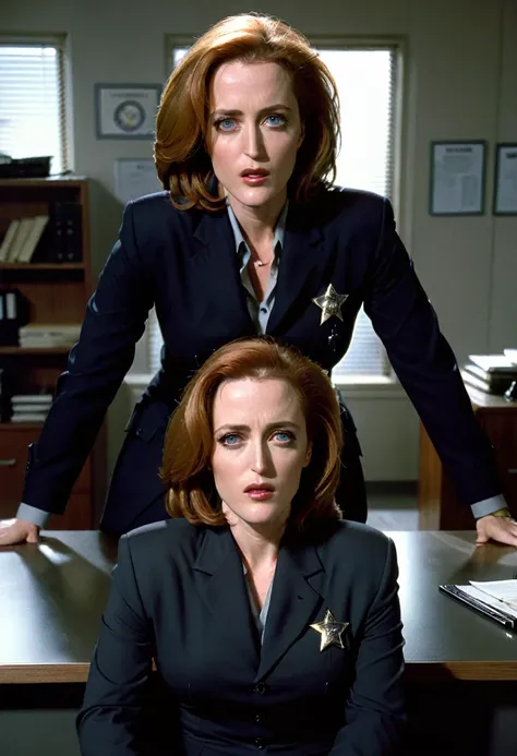 gillian anderson as dana scully, long hair, wearing an fbi uniform, standing with hands resting on a table, looking at the viewe...