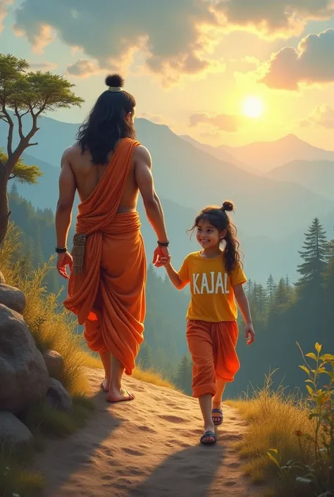 years old girl walking and hanuman coming after her and hanumans hand putting on girl head on mountains. Both are smiling. girl is wearing saffron t-shirt and name "KAJAL" write on it with bold. he looks very realistic, cute, tilak Deccan on your head, and...