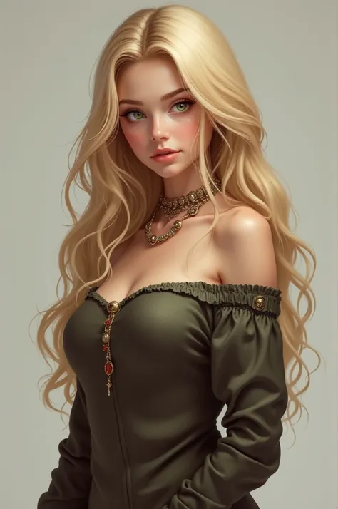 1 girl in, 20 year, standing alone, long hair, Colossal , looking ahead at viewer, hair blonde, hair blonde, bared shoulders, greeneyes, jewerly, whole body, a necklace, off the shoulders, Sweaters, realisitic, A sexy, big boobies
