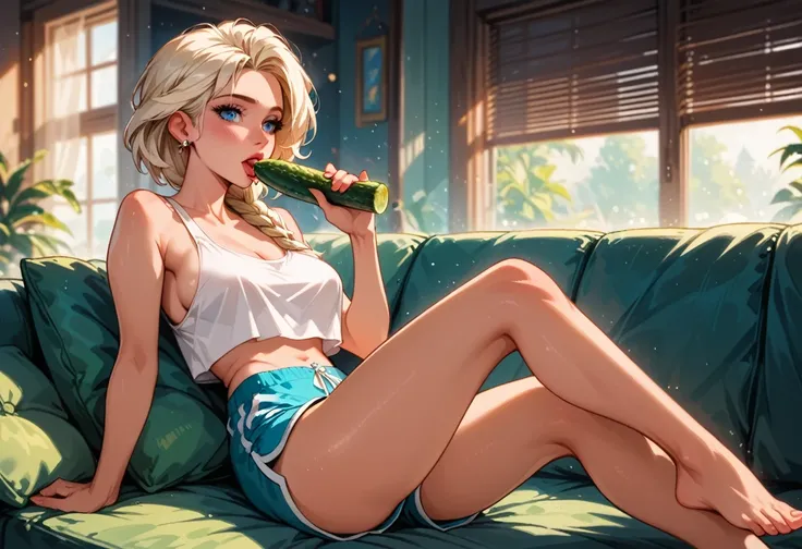 score_9, score_8_up, score_7_up, score_6_up, cinematic film still, 1girl, mature elsa (blonde hair, braid:1.1), (sexy tight dolphin shorts, blue:1.3), (loose_cropped_top, white:1.4), sideboob, relaxing on big comfy couch, lovely living room, feet under her...