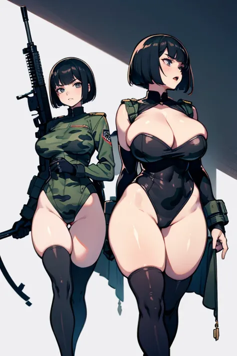 thick hips, thick thighs, platform heels, high cut leotard, bandeau top, huge breast, thin waist, bob cut hair, weapon, pale skin, gun, angry look, scream, thick body, tight stockings, military camouflage, front profile back,