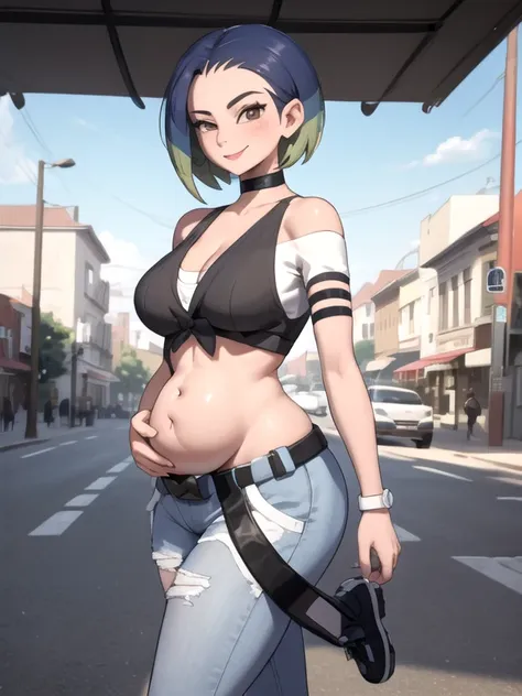 (masterpiece, best quality:1.2), highres, solo, 1 pregnant girl, perrin, smile, looking at viewer, walking, crop top, pants, cho...