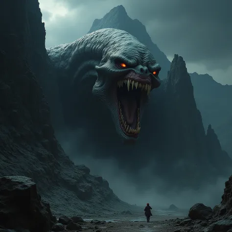 Monster head coming out of mountain on a black background