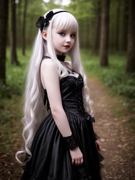 female sexy vampire|albino, pale porcelain skin, sexy vintage black dress, (8 years old, loli:1.5), smile, dress lift, shallow d...