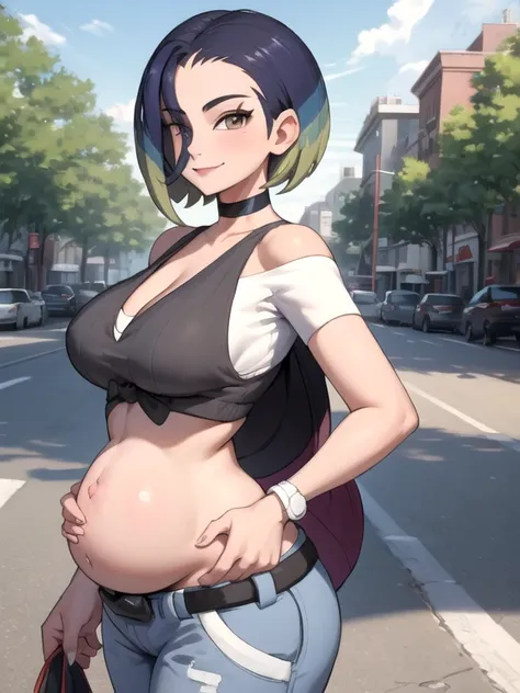 (masterpiece, best quality:1.2), highres, solo, 1 pregnant girl, perrin, smile, looking at viewer, walking, crop top, pants, cho...