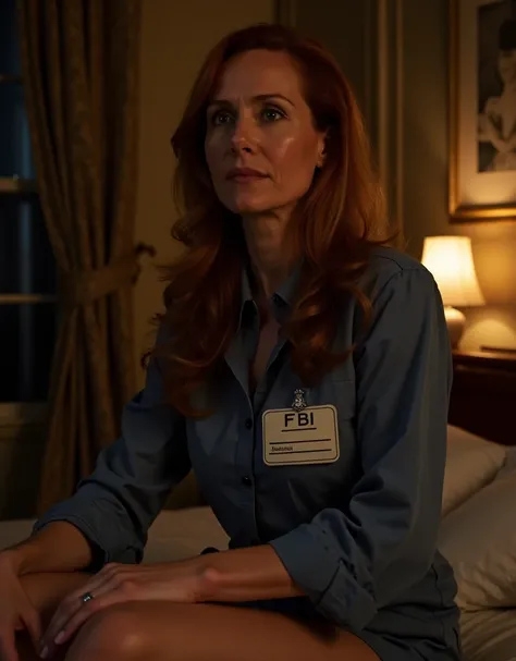 Gillian Anderson as Dana Scully, long hair, vistiendo camisa con credencial del FBI, fucking hard, in four legs, squirting hard, vaginal fuck with a tranny, orgasm face, angry fuck, in a bedroom of castle, at night