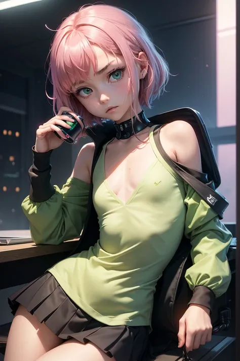 (masterpiece), (best quality), (high res), ((((Solo)))), (perfect anatomy), (young girl (10 years old), fair skin, pink hair (shoulder length), green eyes, (school uniform), white shirt, red tie, black jacket, short black mini skirt, tired, (((flat chest))...