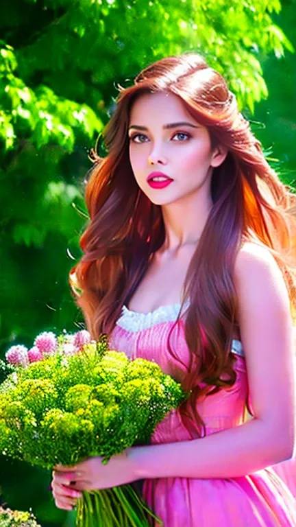 a beautiful woman with caramel-colored hair, long straight hair, flowing hair, light green eyes, pure and vivid, fleshy and pink mouth, fair and classic skin, woman of extreme beauty, a perfect goddess, commoner clothing style of the Victorian era, holding...