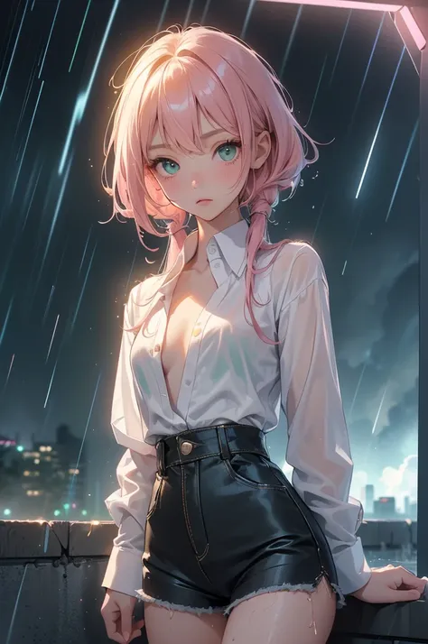 best quality, ultra-detailed, best illustration, masterpiece, high res (1girl:1.3), ((solo)), (perfect anatomy) (perfect face), (young girl (10 years old), fair skin, pink hair (shoulder length), green eyes, (((cowgirl outfit))), (((white shirt))), jean sk...