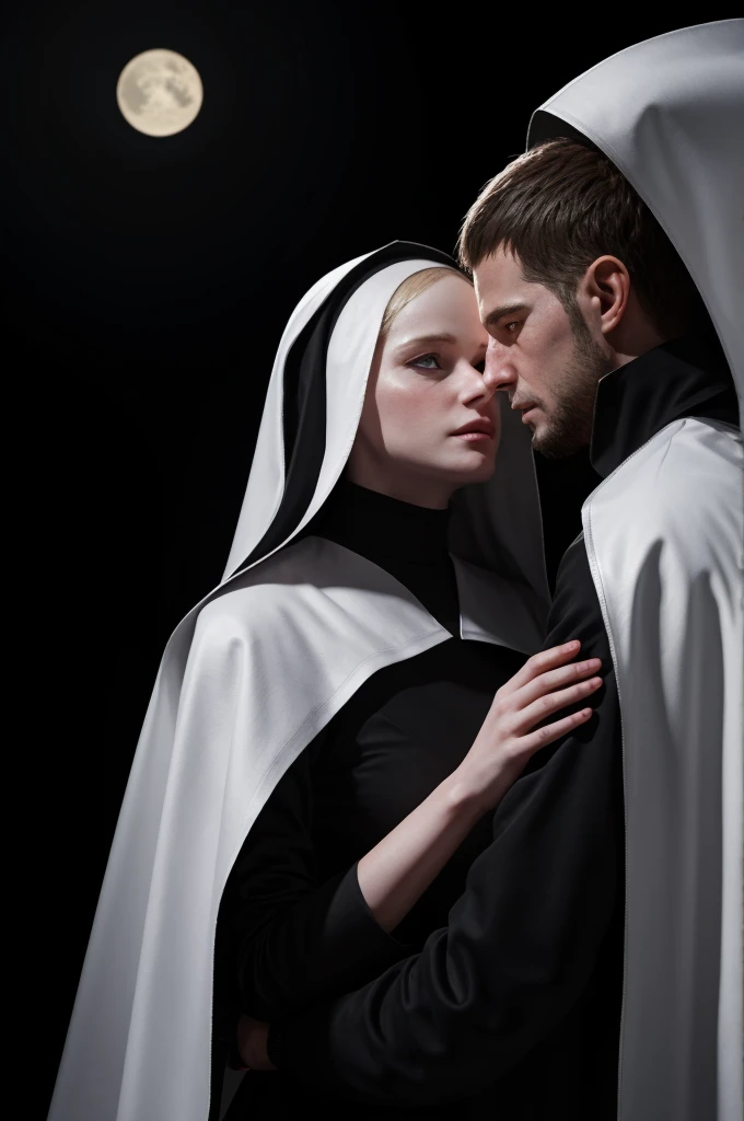 1boy, 1B nun,nakeness, Soft light, Best Qualit,, in a panoramic view, masutepiece，concept art by Eugeniusz Zak, cg society contest winner, Fantasy Art, Romance Novel Cover ,black background, simple background