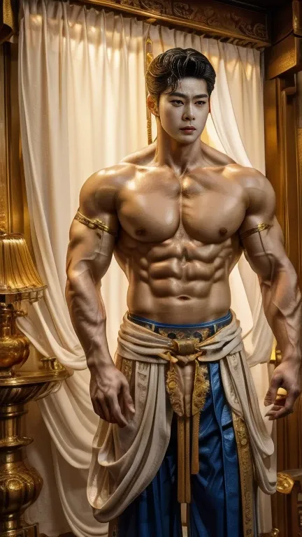 disconsolate，Ambient，artistic conception，large scene，The wind blew up the white curtains，Dattain lamps，Diffuse light，chest muscle，detailed face, Shirtless, stubbles, Sideburns, musculature, Strong handsome korean  guy， a golden statue of handsome men god ,...