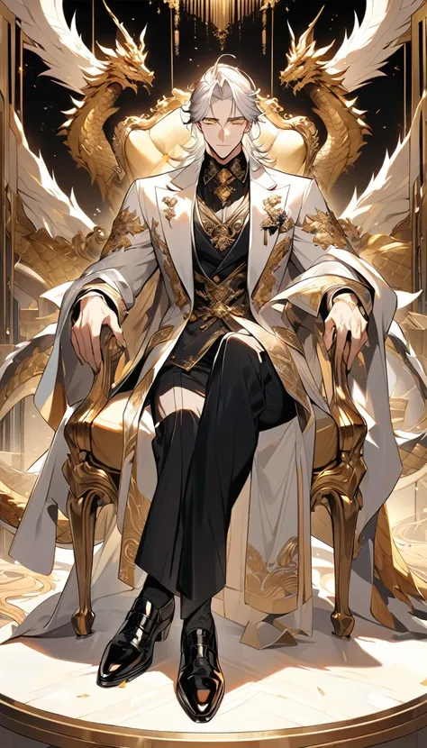 A handsome man, sitting alone, with long white hair, yellow eyes, and a cold, majestic face. He is wearing a black shirt, a black and white suit, and black dress shoes. He is seated on a golden chair adorned with extremely beautiful and majestic dragon-eng...