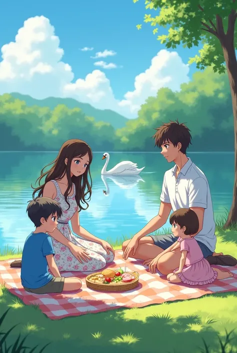 An anime picture of A family of four is enjoying a picturesque picnic by a tranquil lake. They are smiling The man, with light blue eyes and brown hair, is dressed in a dark blue polo shirt, and he sits relaxed on the blanket, savoring the moment. Beside h...