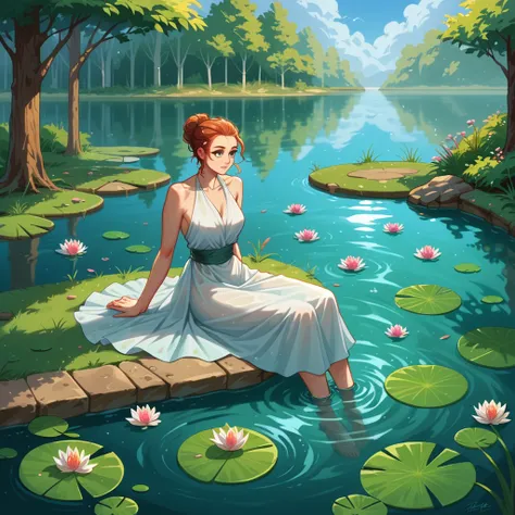 a lovely woman (Kate Mara, sheer airy gown) in a pond with lily pads in the water, in a pond, standing in a pond, floating in a powerful zen state, nymph in the water, sitting in a reflective pool, floathing underwater in a lake, sitting at a pond, in wate...