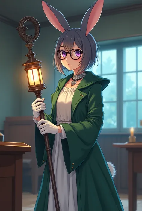 A fantasy, anime styled picture of a smaller rabbit woman with dark grey fur wearing a long moss green trenchcoat with a white dress underneath. She is standing in a magical classroom, holding a metal staff with a lantern at the end. She has large, circula...