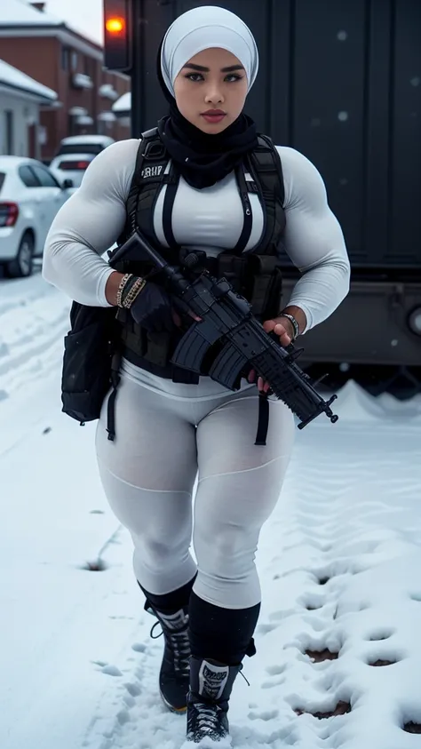 Photorealistic, high resolution, 1 malay woman in hijab, Solo, Hips up, Snow background，view the viewer, (Detailed face), White hijab, SWAT vests, sniper rifle handle, Black military uniform, bulletproof vest, Holding an assault rifle, M16, Inside the city...