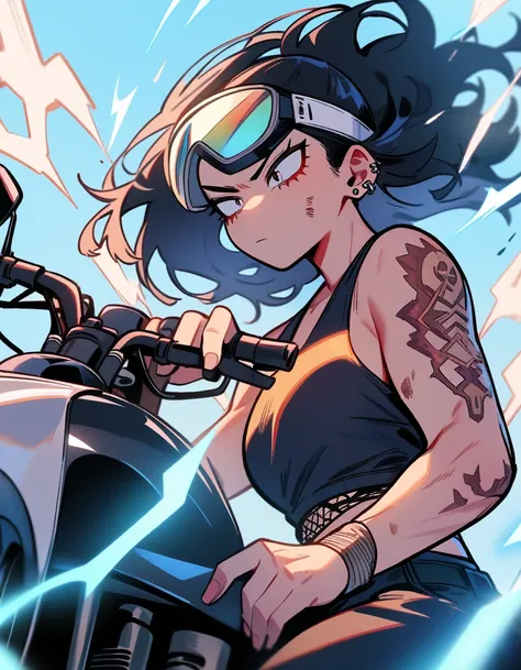 One girl, woman focus, boku no hero academia, Injury, electricity,, masterpiece, highest quality, so beautiful, Absurd, piercings, high cuality, Motorcycle helmet, Motorcycle glasses, Boku no hero academia style