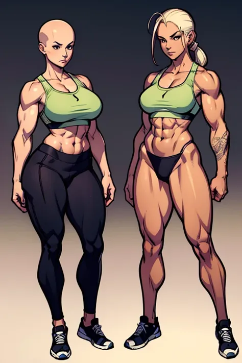 digital anime art, highly detailed, reference sheet, standing pose, feminine features, mature woman, adult female, muscular figure, six pack abs, thick arms and legs, whole body, bald, form-fitting, sports bra, yoga pants, shoes, 1woman, solo, upper body, ...