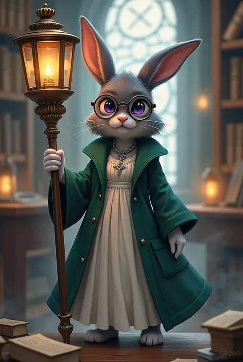 A fantasy, anime styled picture of a smaller rabbit woman with dark grey fur wearing a long moss green trenchcoat with a white dress underneath. She is standing in a magical classroom, holding a metal staff with a lantern at the end. She has large, circula...