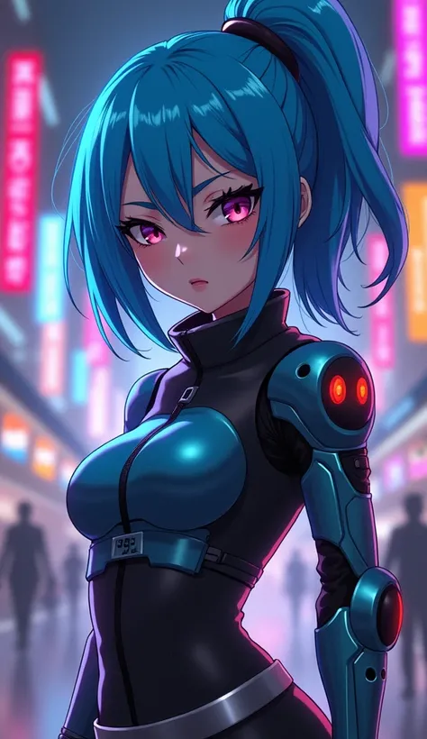 Cyberpunk anime heroine, blue hair, metallic arm, neon city background, determined expression.